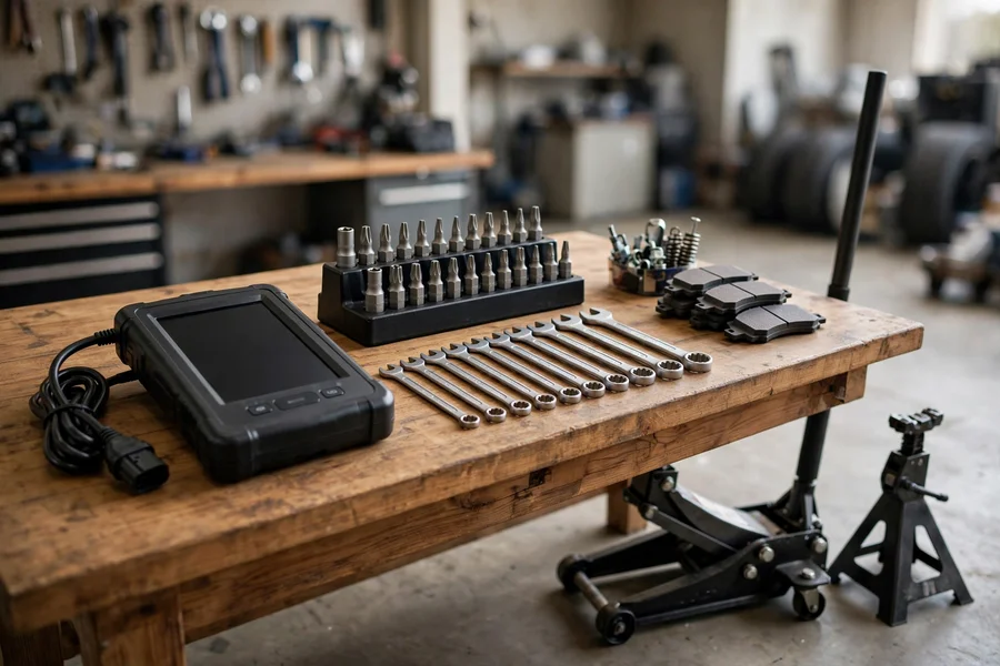 Brake service tools on a workbench: diagnostic scan tool, Torx sockets, wrenches, floor jack and jack stand