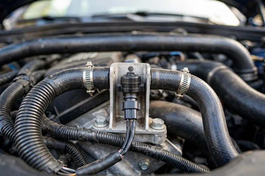 BMW fuel tank breather (purge) valve with electrical connector and vacuum hoses in the engine bay
