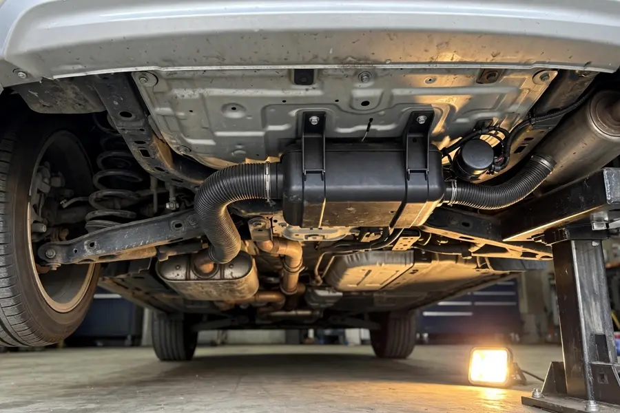 Charcoal EVAP canister mounted under the rear of a BMW on a lift