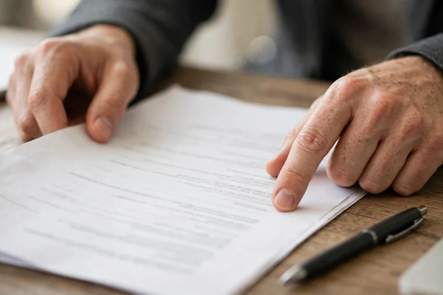 Person reading a vehicle service contract document with a pen at a desk