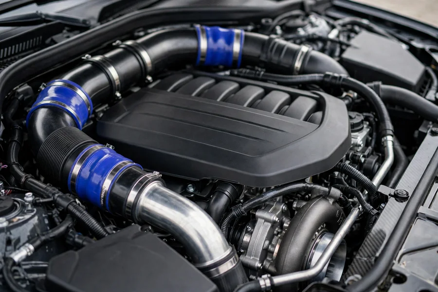 BMW 3 Series engine bay close-up showing turbocharged engine components