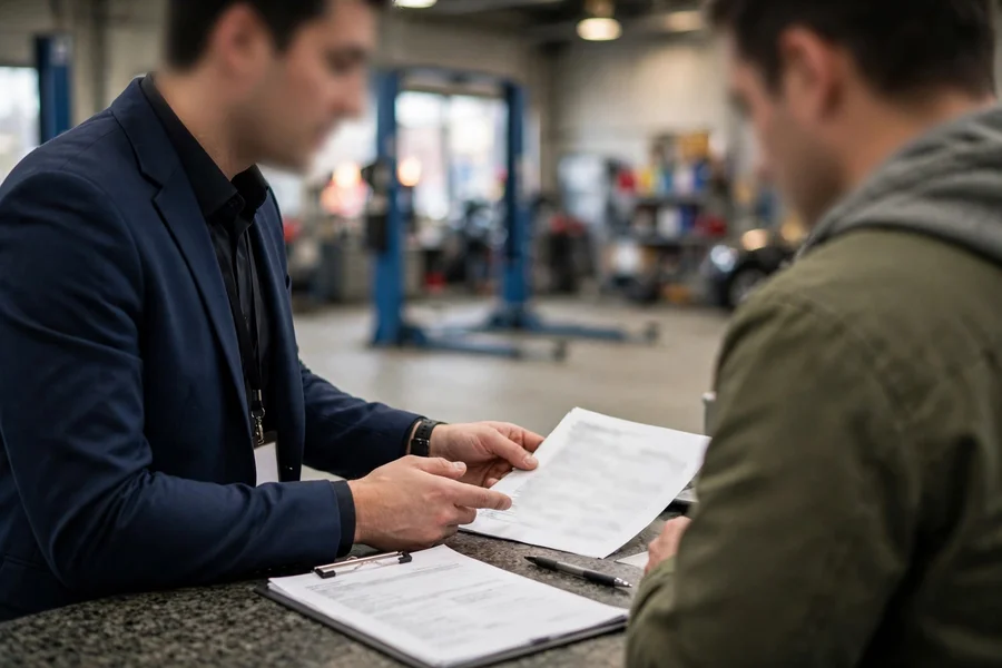 BMW service advisor discussing repair paperwork with a customer at a service counter