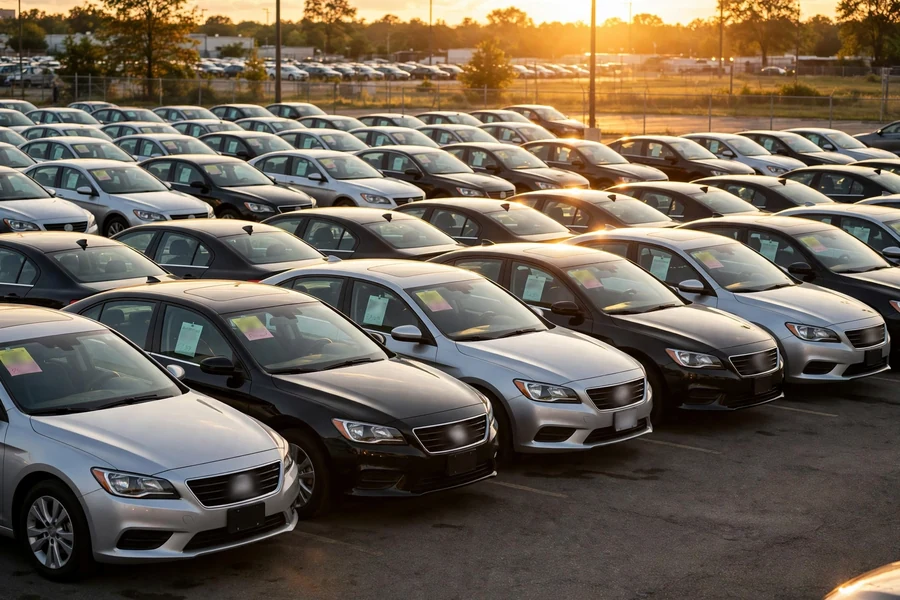 Used car lot with rows of German sedans at golden hour