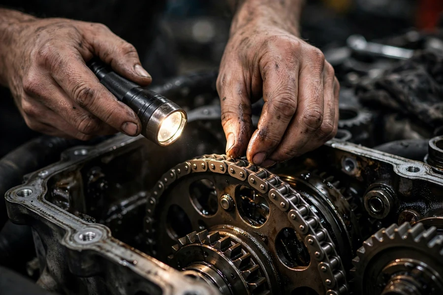 Mechanic inspecting a timing chain inside an open engine