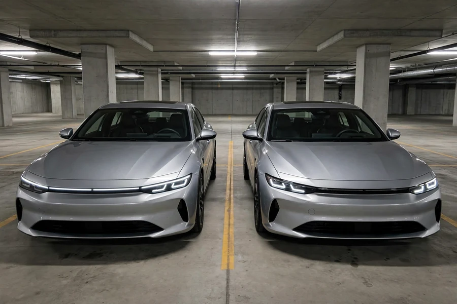 Two similar silver sport sedans parked side by side
