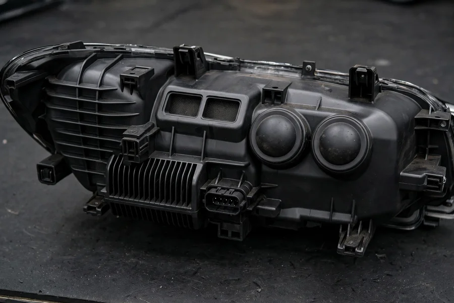 Rear of a removed BMW headlight housing showing rubber access caps and vent membrane openings