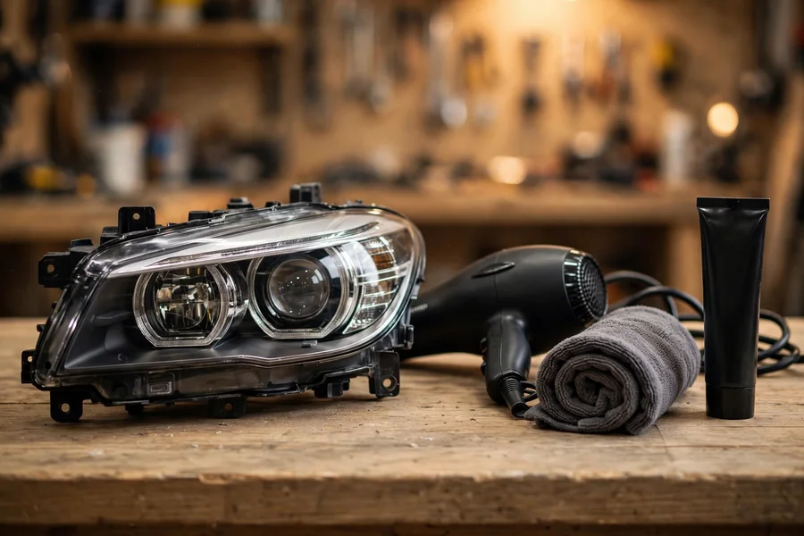 BMW headlight housing on a workbench with a hair dryer, microfiber towel, and sealant for a drying and resealing job