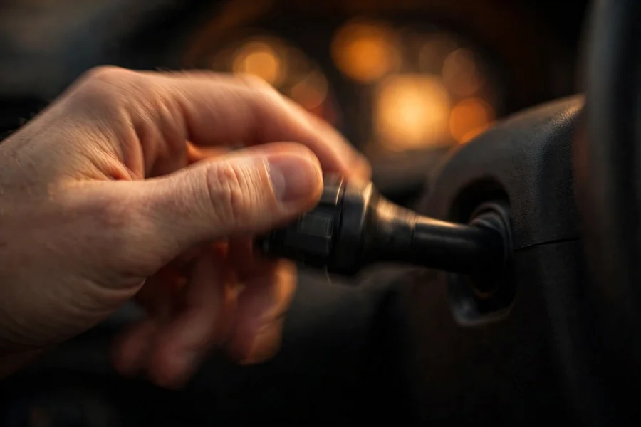 A BMW key fob resting on dark leather — each key can store its own seat, mirror, and climate preferences on cars with the memory option