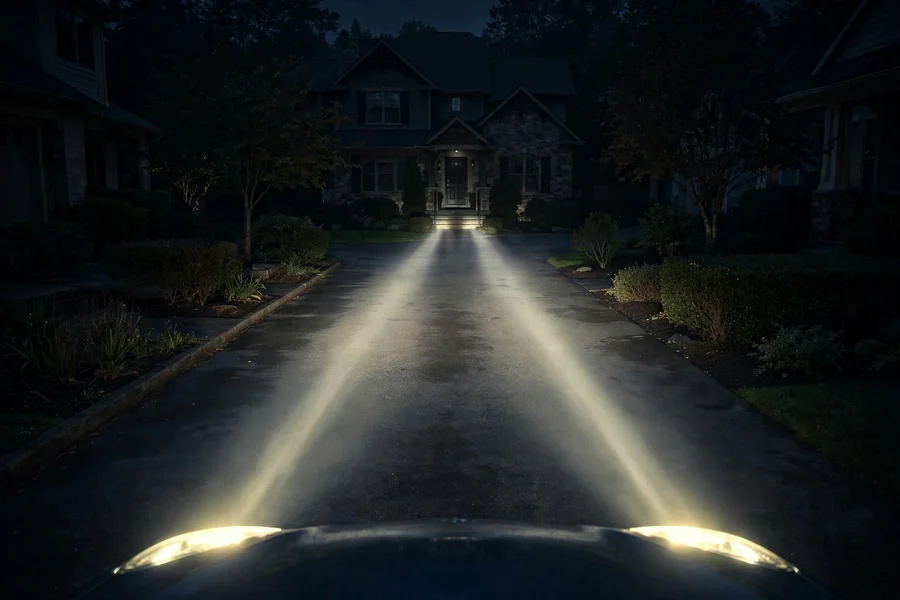 A BMW cockpit at night with illuminated dashboard and ambient lighting — pathway lighting and welcome lights are set through the iDrive menus