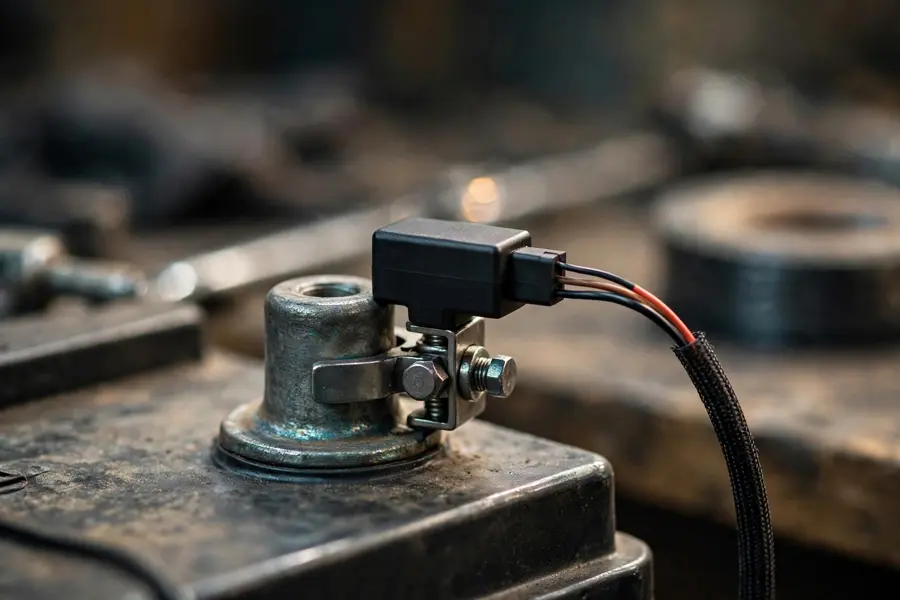 Close-up of an intelligent battery sensor module clamped to a car battery negative terminal