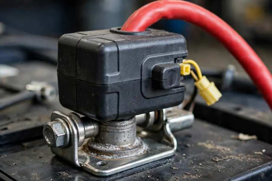 Close-up of a BMW battery safety terminal device on the positive battery cable with its wiring connector