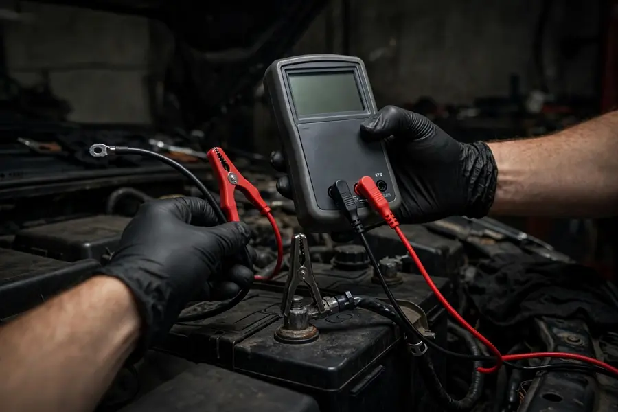 Technician measuring parasitic battery drain with a multimeter in series on a BMW battery terminal