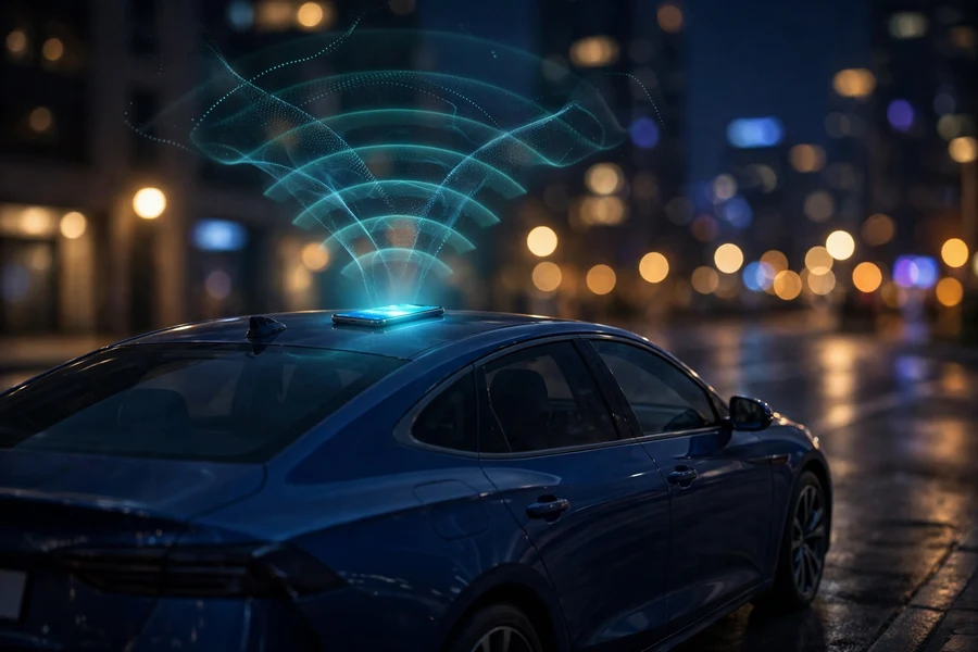 Modern sedan parked at night with a glowing smartphone, concept of over-the-air car connectivity