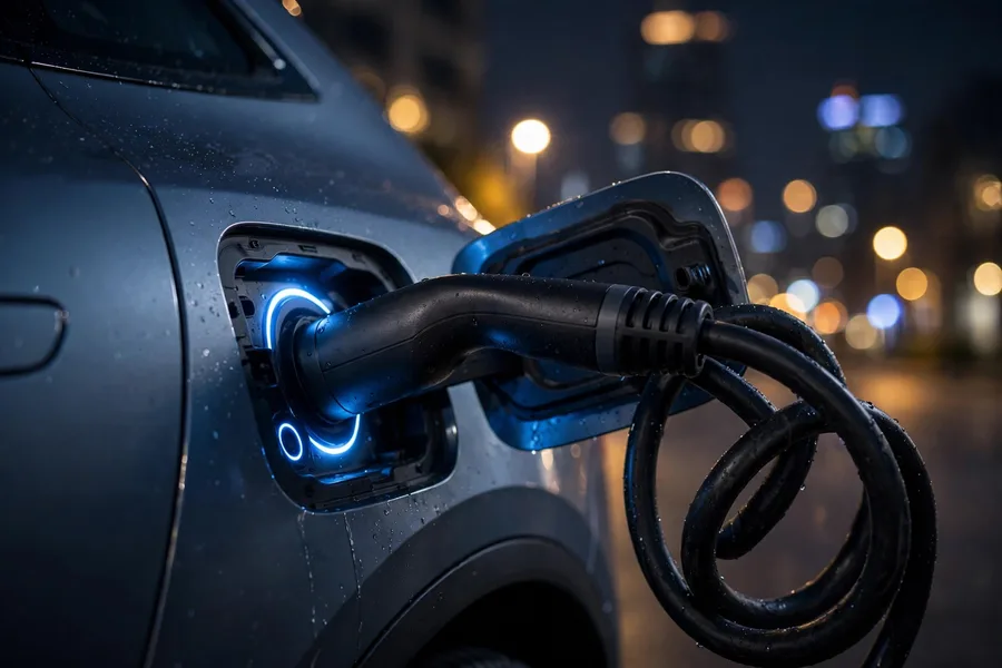 Electric SUV fast-charging at night with the charging cable connected