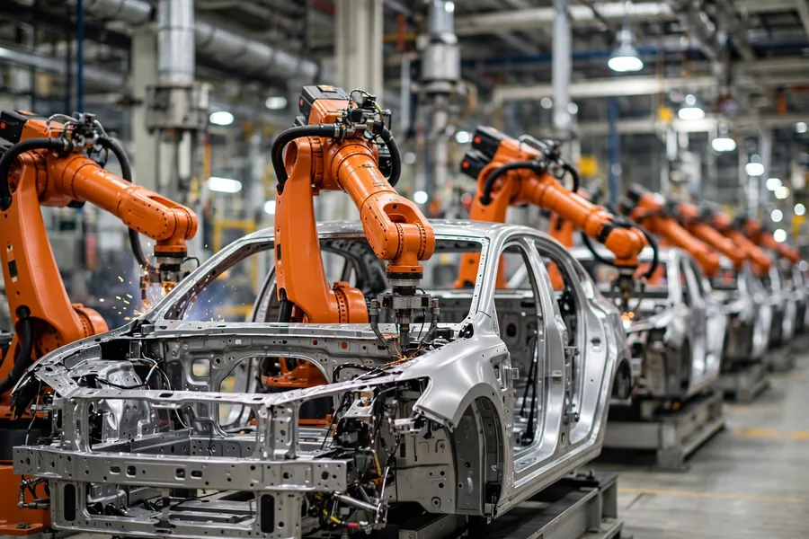 Car factory production line with robotic arms assembling vehicle bodies
