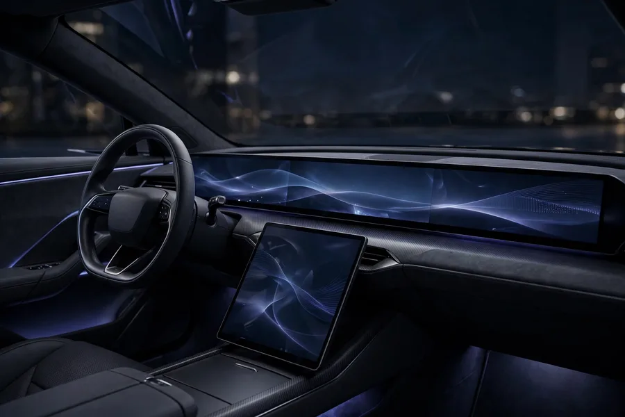 Futuristic car interior with a full-width panoramic display across the windshield base