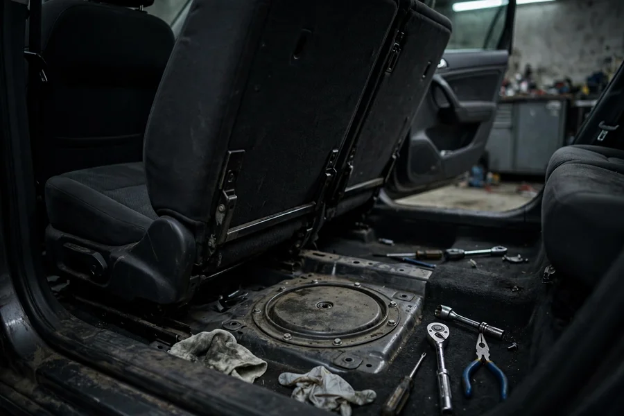 Rear seat cushion lifted in a BMW 3 Series revealing the fuel tank access cover for the low-pressure fuel pump