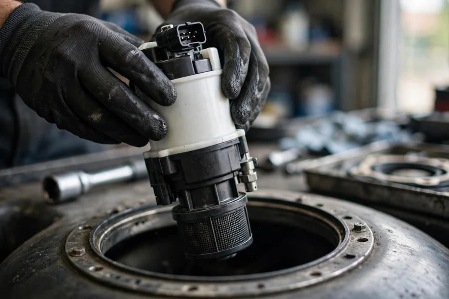 Mechanic installing a replacement low-pressure fuel pump module into a BMW fuel tank