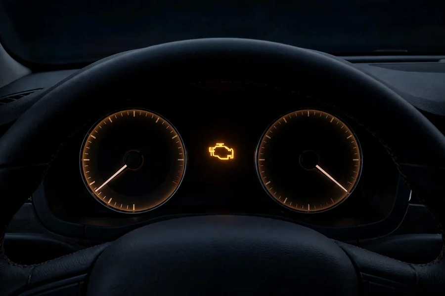 BMW dashboard at night with the check engine warning light illuminated, a common companion to fuel pressure faults