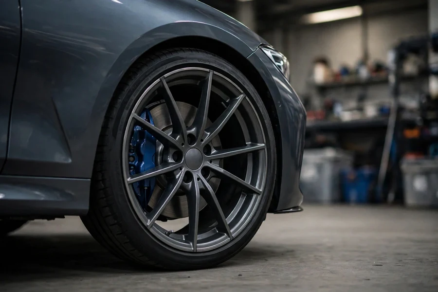 M sport alloy wheel with blue M Sport brake caliper on a BMW 3 Series