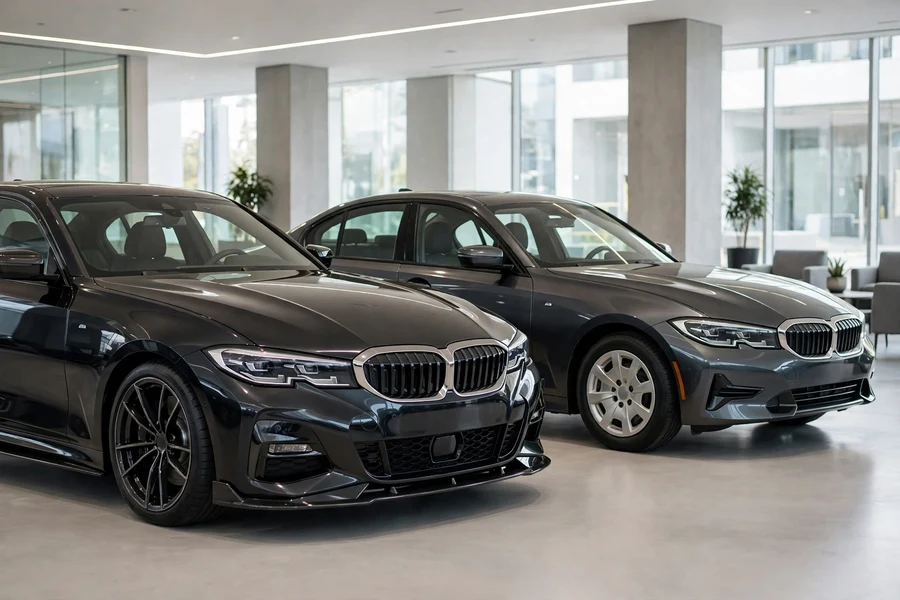 BMW 3 Series with M Sport styling next to a base-trim 3 Series in a showroom