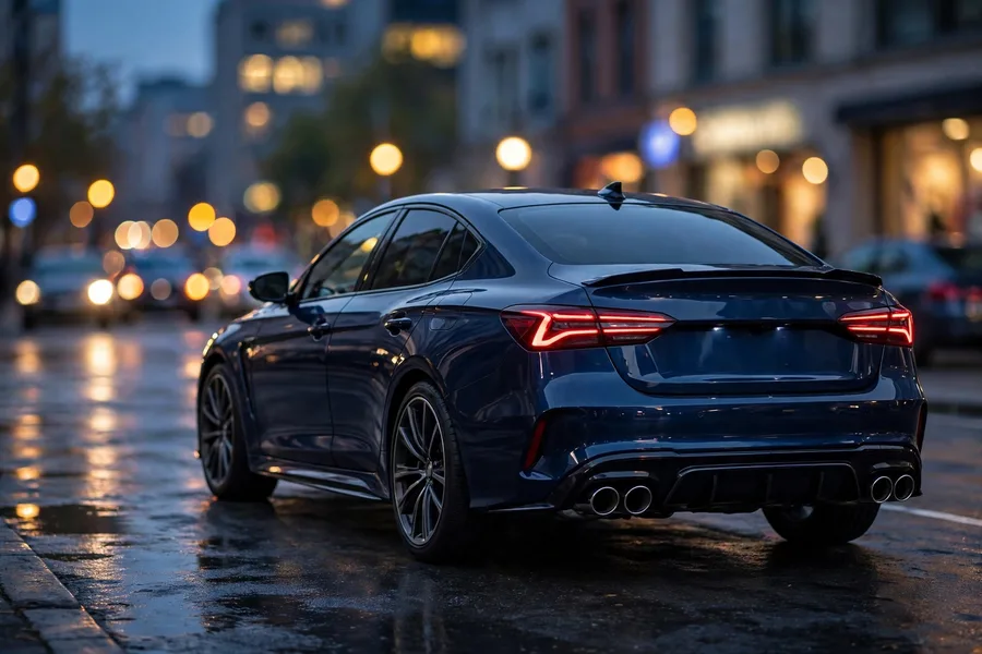 BMW M340i rear with quad exhausts at dusk