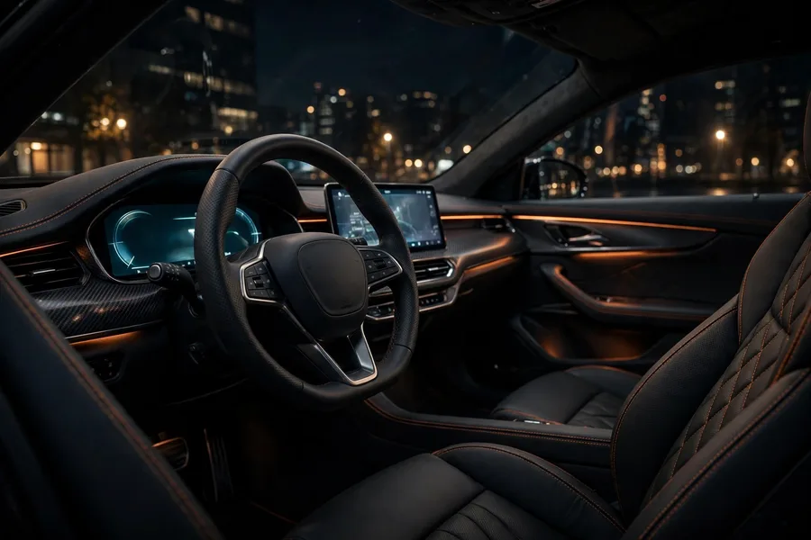 BMW M340i driver cockpit with digital displays at night