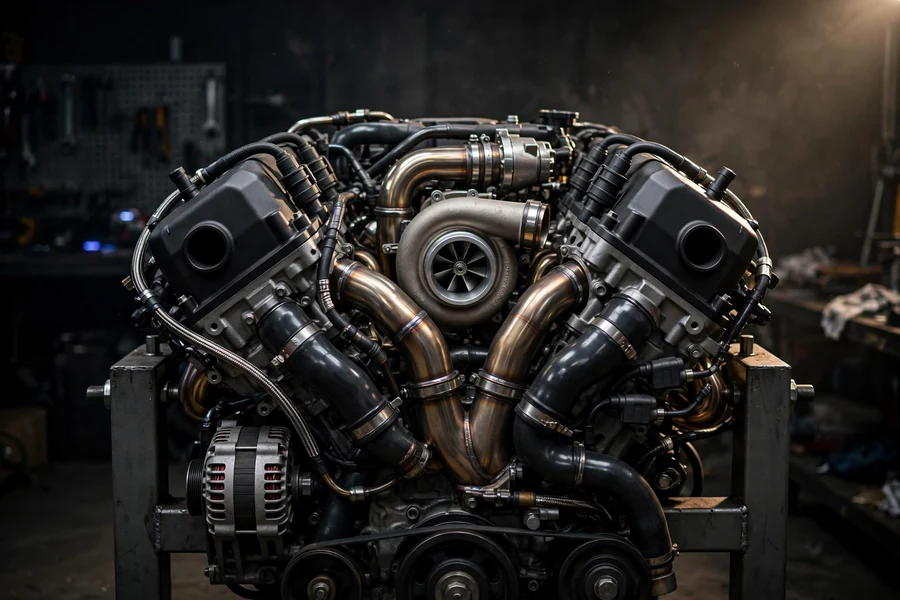 Turbocharged six-cylinder engine on a stand, representing the boosted powertrains both sleepers hide