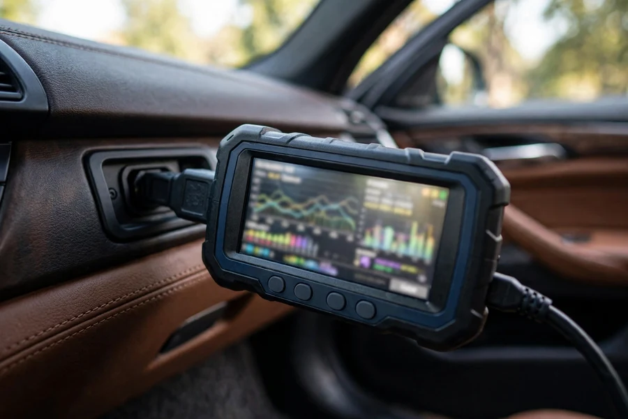 OBD2 scan tool reading live engine data including mass airflow values in grams per second
