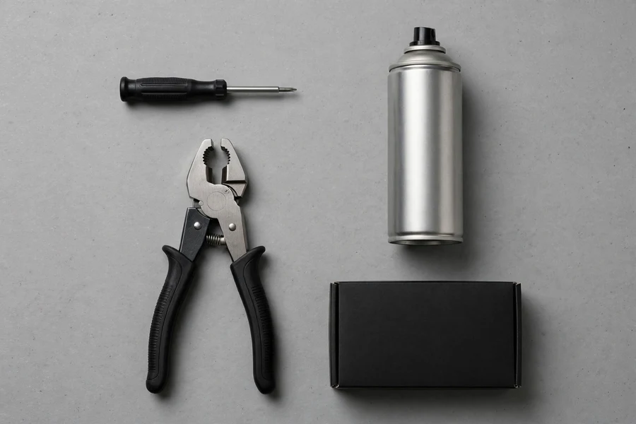 Basic tools for MAF sensor replacement: screwdriver, pliers, MAF sensor cleaner, and a new sensor in plain packaging