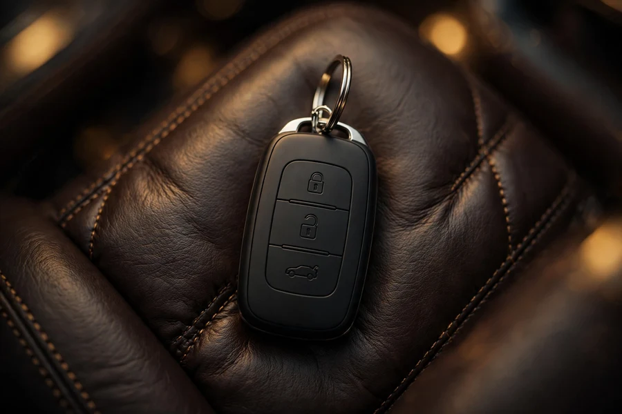 Car key fob resting on leather upholstery, representing a used BMW purchase