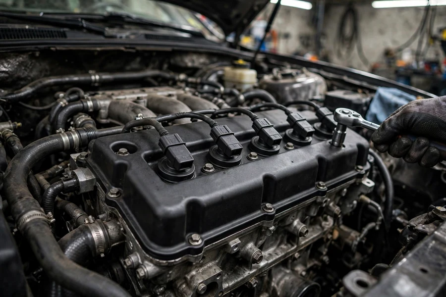 Mechanic removing a BMW valve cover with a socket wrench during PCV repair