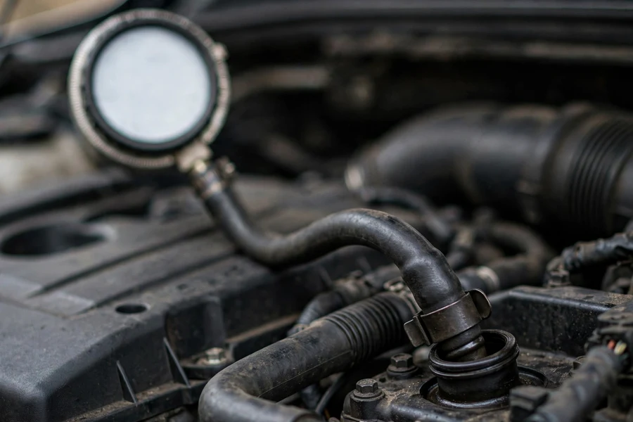 Vacuum gauge connected to a BMW oil filler neck for a crankcase vacuum test