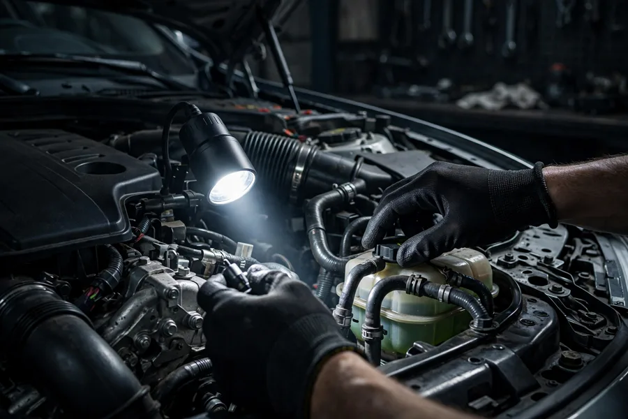 Mechanic inspecting a BMW 3 Series engine bay with an inspection lamp during a pre-purchase inspection