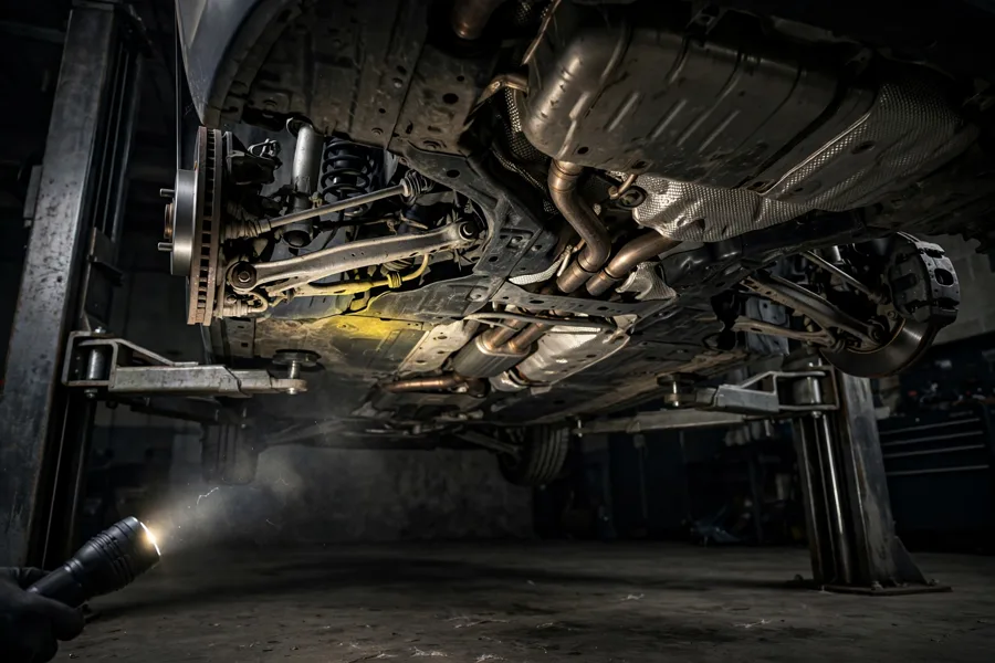 BMW 3 Series raised on a lift during underbody pre-purchase inspection