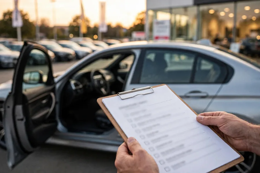 Buyer holding an inspection checklist beside a BMW 3 Series for sale