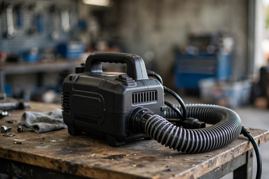 Electric secondary air pump with corrugated air hose on a workbench