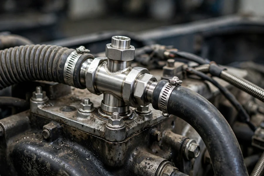 Close-up of a BMW secondary air check valve showing deposits from exhaust backflow