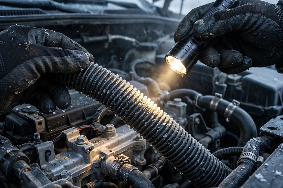 Mechanic inspecting the secondary air pump hose and check valve area on a BMW 3 Series engine