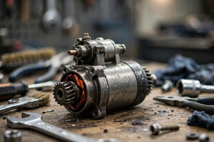 Car starter motor on a mechanic's workbench