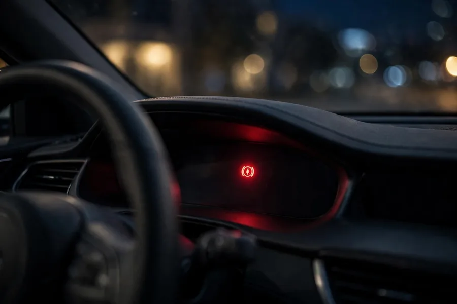 Car dashboard with a red warning light illuminated at night