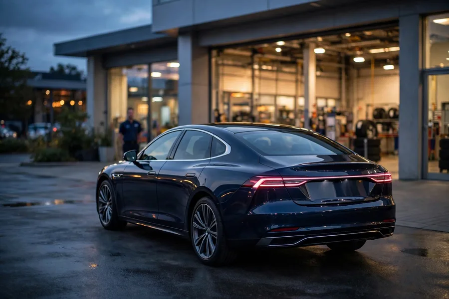 Luxury sedan parked outside a dealership service center at dusk