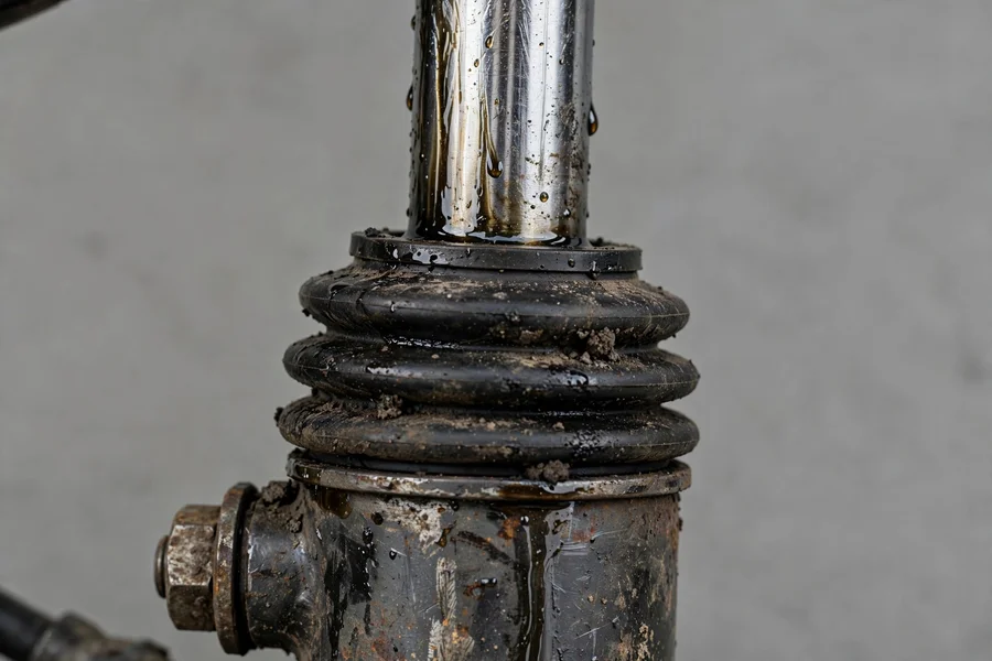 Close-up of a worn BMW 3 Series shock absorber with oil weeping from the top seal