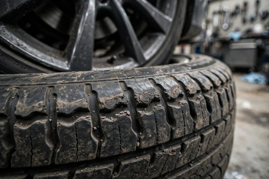 Car tire tread showing scalloped cupping wear caused by worn shock absorbers