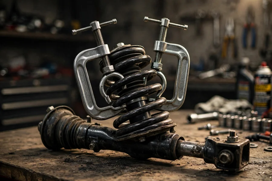 Coil spring compressor clamps fitted to a car strut spring on a workbench