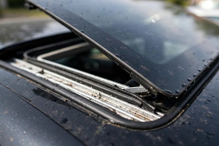 BMW 3 Series sunroof tilted open showing the track channel and seal
