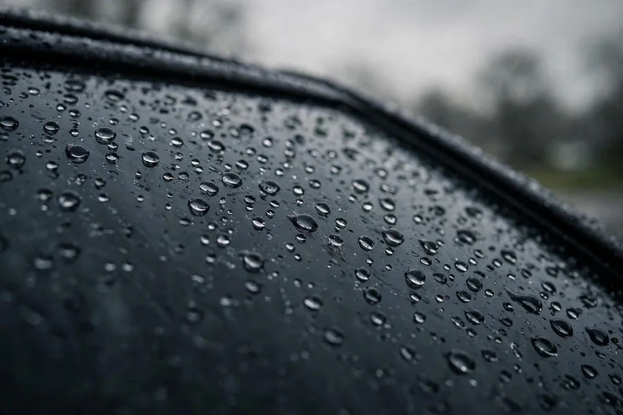 Rain droplets on a closed BMW sunroof glass