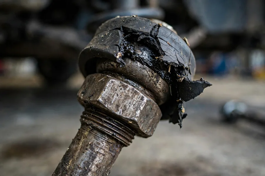 Close-up of a worn sway bar end link ball joint with a torn rubber boot