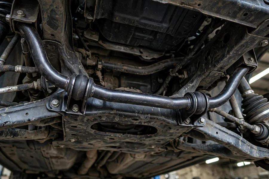 BMW sway bar mounted to the subframe through rubber bushings