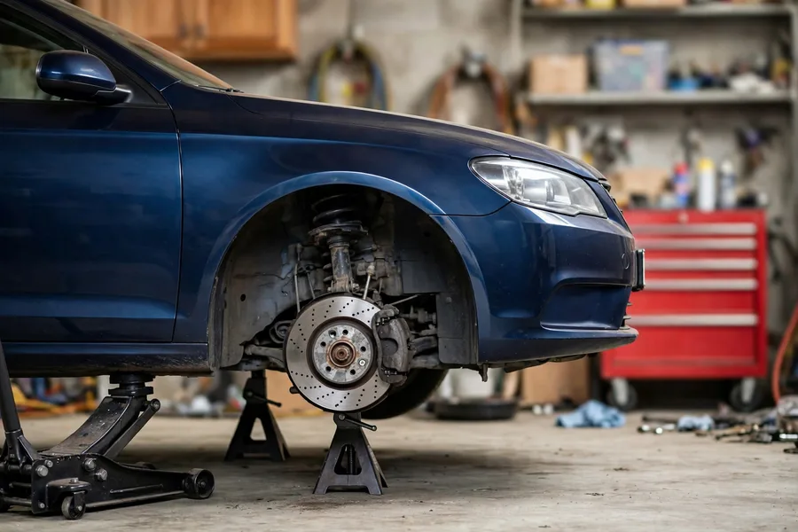 BMW 3 Series raised on jack stands in a garage with the front wheel removed for suspension work